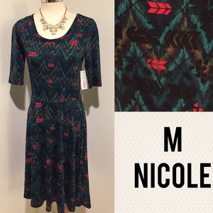 LuLaRoe Nicole Midi Dress in Teal with Coral Accents